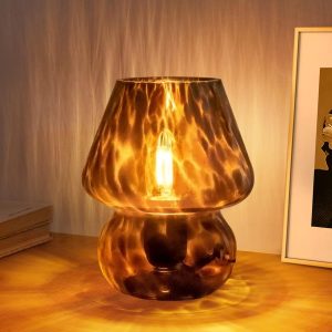 Mushroom Lamp Small Vintage Table Lamp for Bedroom Nightstand, Bedside Lamp Translucent Glass Stepless Dimmable, Murano Aesthetic Home Decor for Living Room Kitchen(Black)