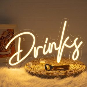 Drinks Neon Sign,Letters Bar Neon Light,Led Neon Signs for Wall Decor,Warm White Neon Light Sign,USB Light Up Sign for Kitchen Restaurant Bar Cart Accessories Christmas