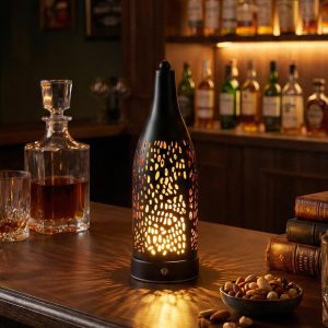 Wine Bottle Atmosphere Lamp - Cordless Rechargeable Decorative Table Light, Touch Dimmable 3 Color Temperatures, Metal Cutout Ambient Lamp for Patio Bedroom Home Decor Clearance